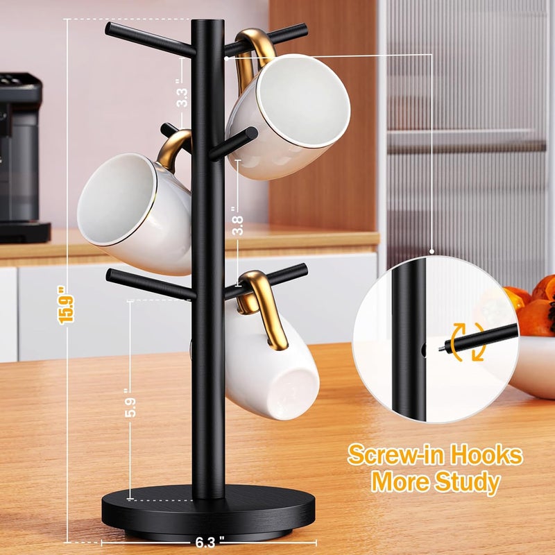 Elerator Coffee Mug Holder Tree, Upgraded 360° Rotated Cup Holder for Counter, Wood Mug Rack with 6 Hooks, Coffee Mug Organizer Station, Mug Stand Bar Accessories, Black - Image 5
